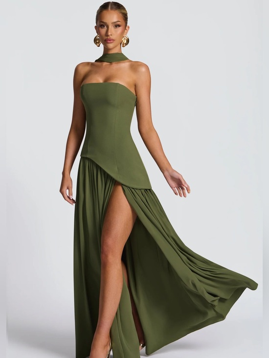babyboo Dresses & Skirts - Olive Green Strapless High-Slit Gown